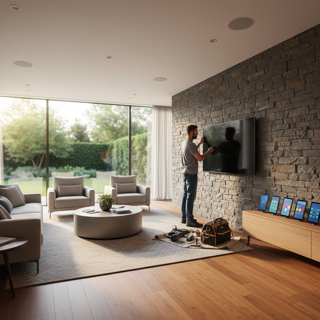 Technician mounting flat-screen TV on living room wall with smart home equipment in Buckeye