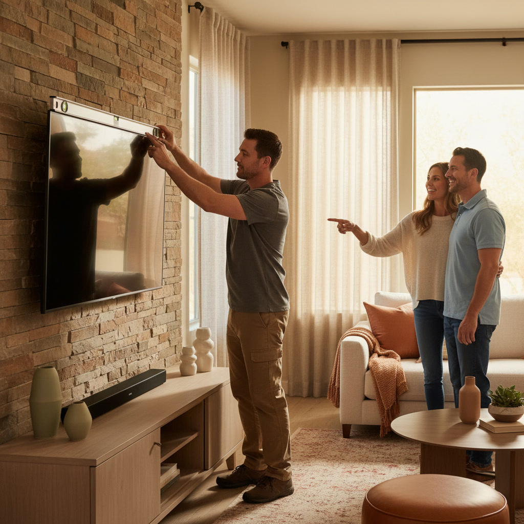 Technician mounting flat-screen TV on residential wall in Phoenix home
