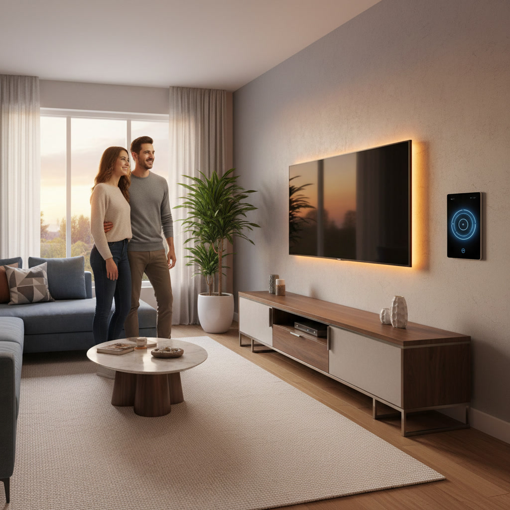 Wall-mounted TV with smart home controls in Avondale living room