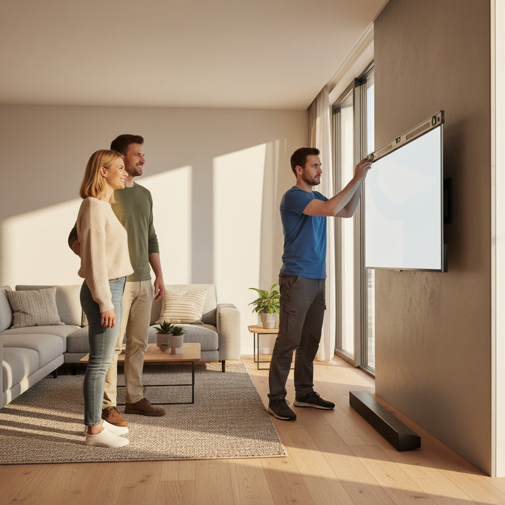 Technician mounting flat-screen TV on Sun City living room wall with soundbar