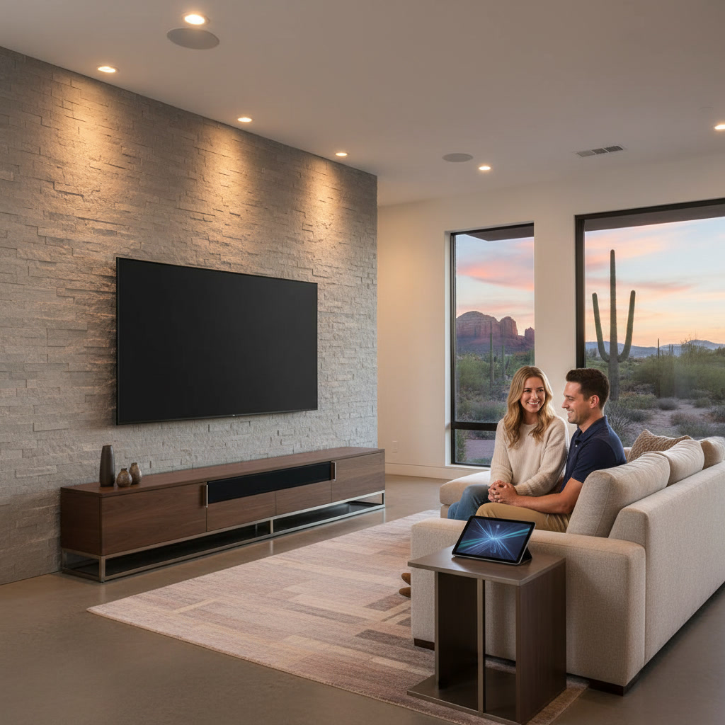 Wall-mounted TV with smart home audio system in Goodyear living room