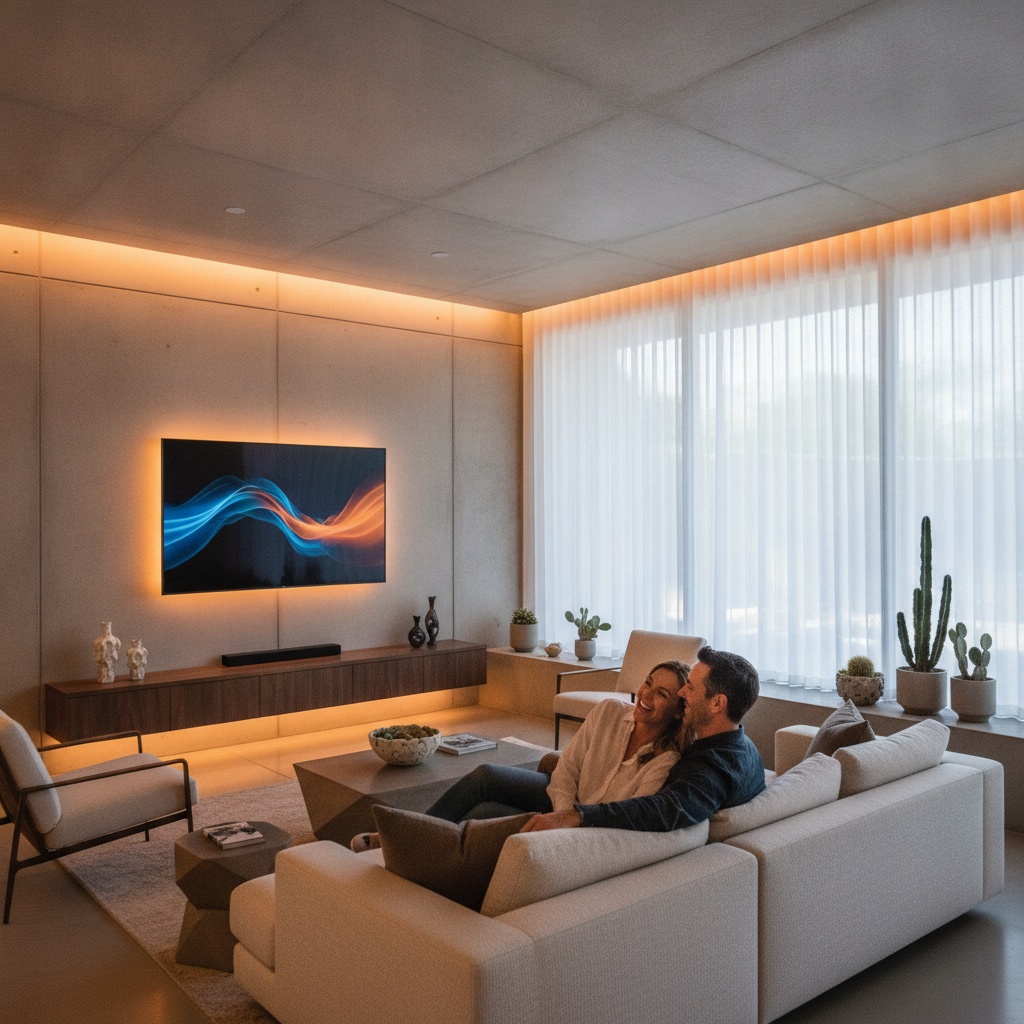 Wall-mounted TV with ambient lighting in Cave Creek living room