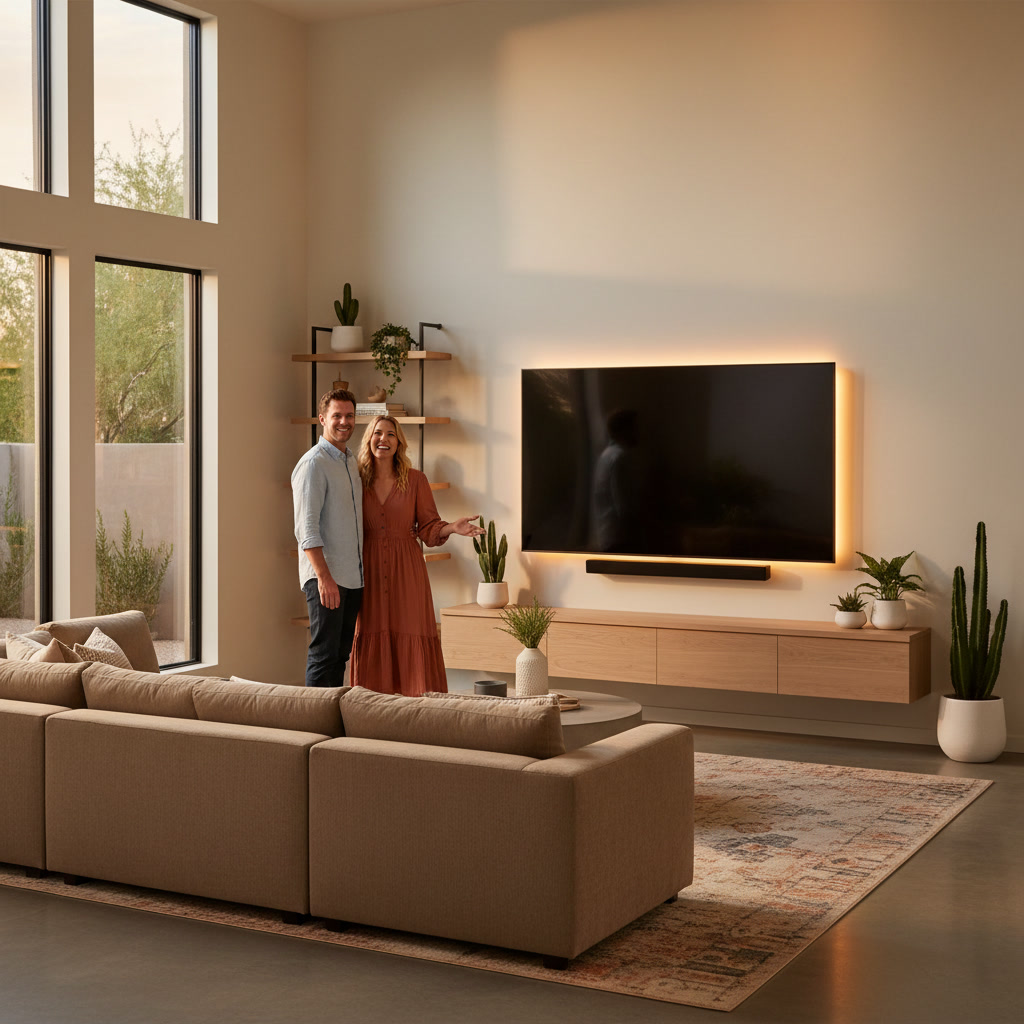 Wall-mounted TV with soundbar in Scottsdale living room