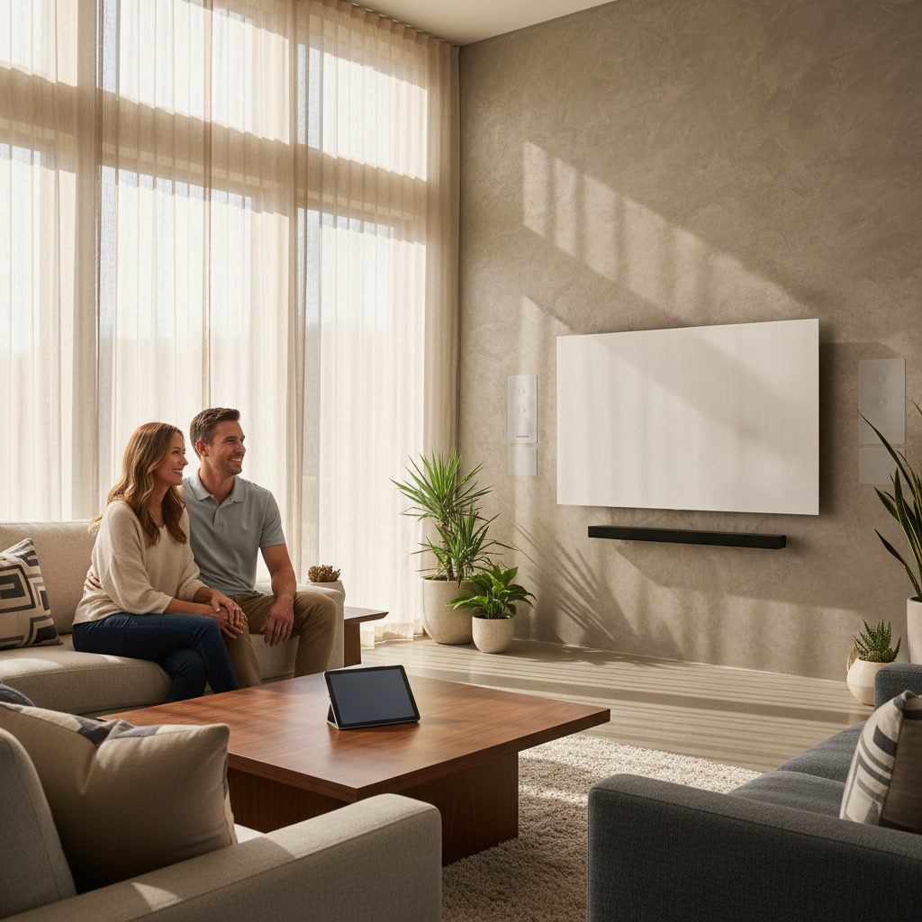 Wall-mounted TV with integrated audio system and smart home tablet in Citrus Park living room