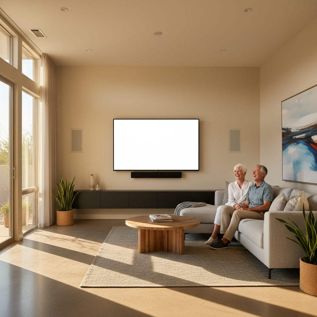 Wall-mounted TV with surround sound speakers in Sun City West living room