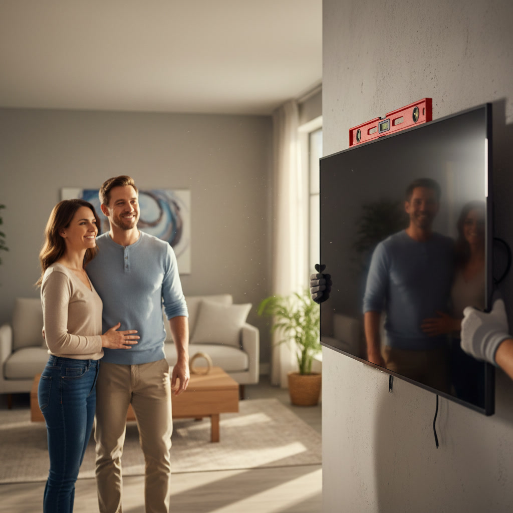 Technician mounting flat-screen TV on residential wall in Youngtown home