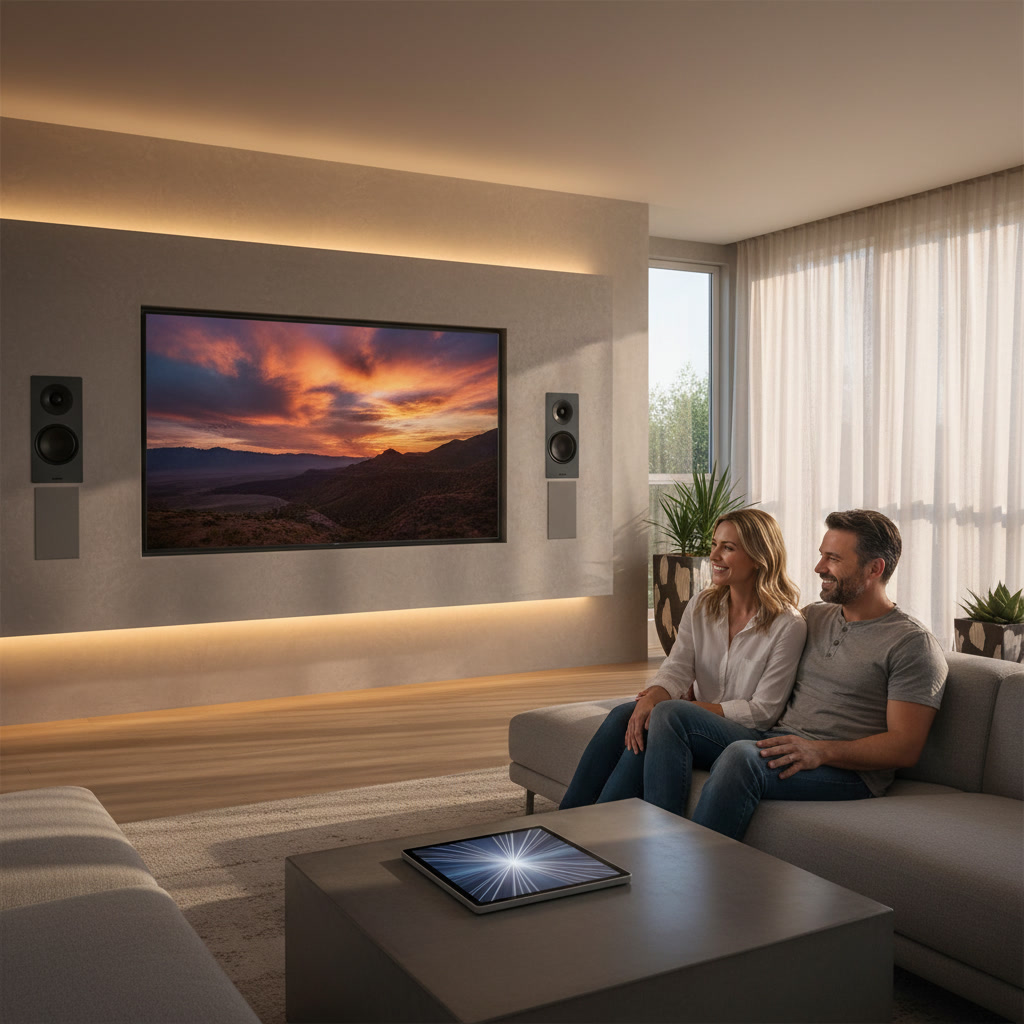 Wall-mounted TV with in-wall speakers and smart home control tablet in Litchfield Park living room