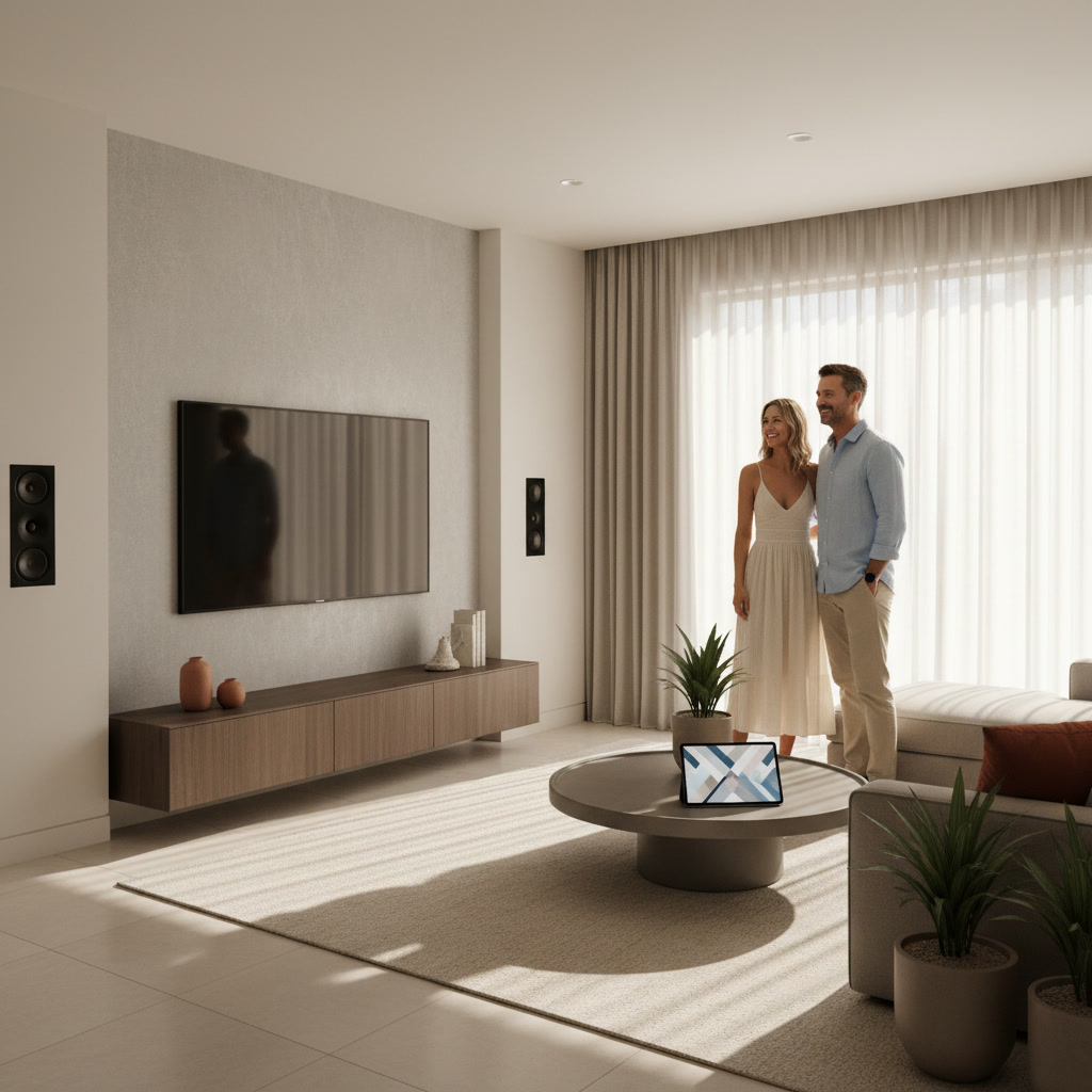 Wall-mounted TV with surround sound speakers in Wittmann modern home living room