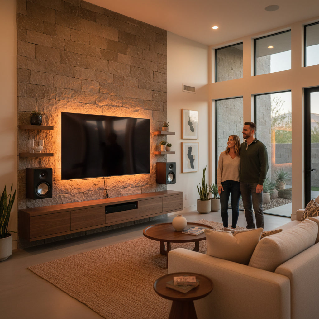 Mounted TV with integrated speakers in Waddell smart home living room