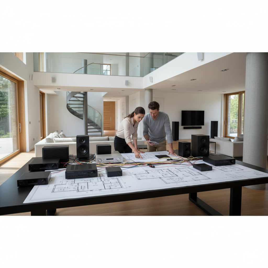 Whole home audio system equipment and speakers arranged for multi story installation