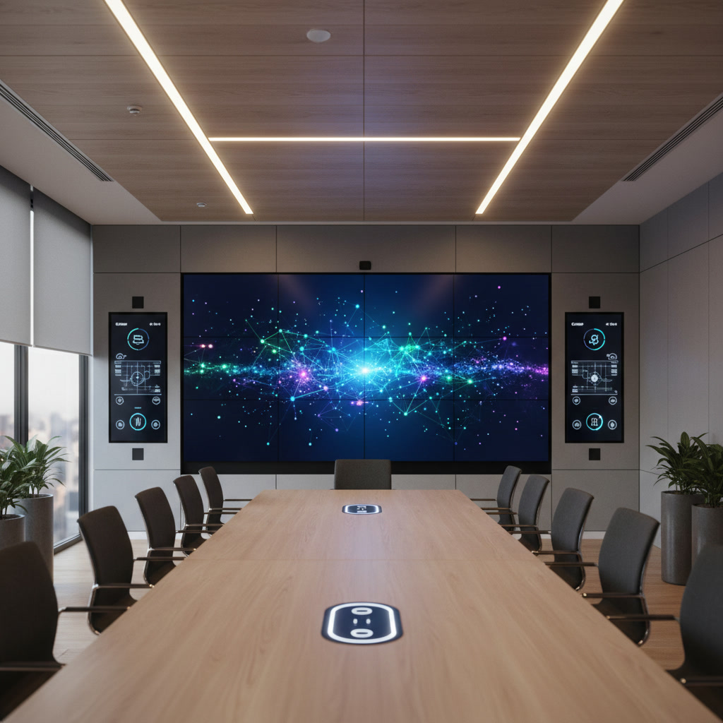 Professional conference room AV equipment installation with large display and audio system