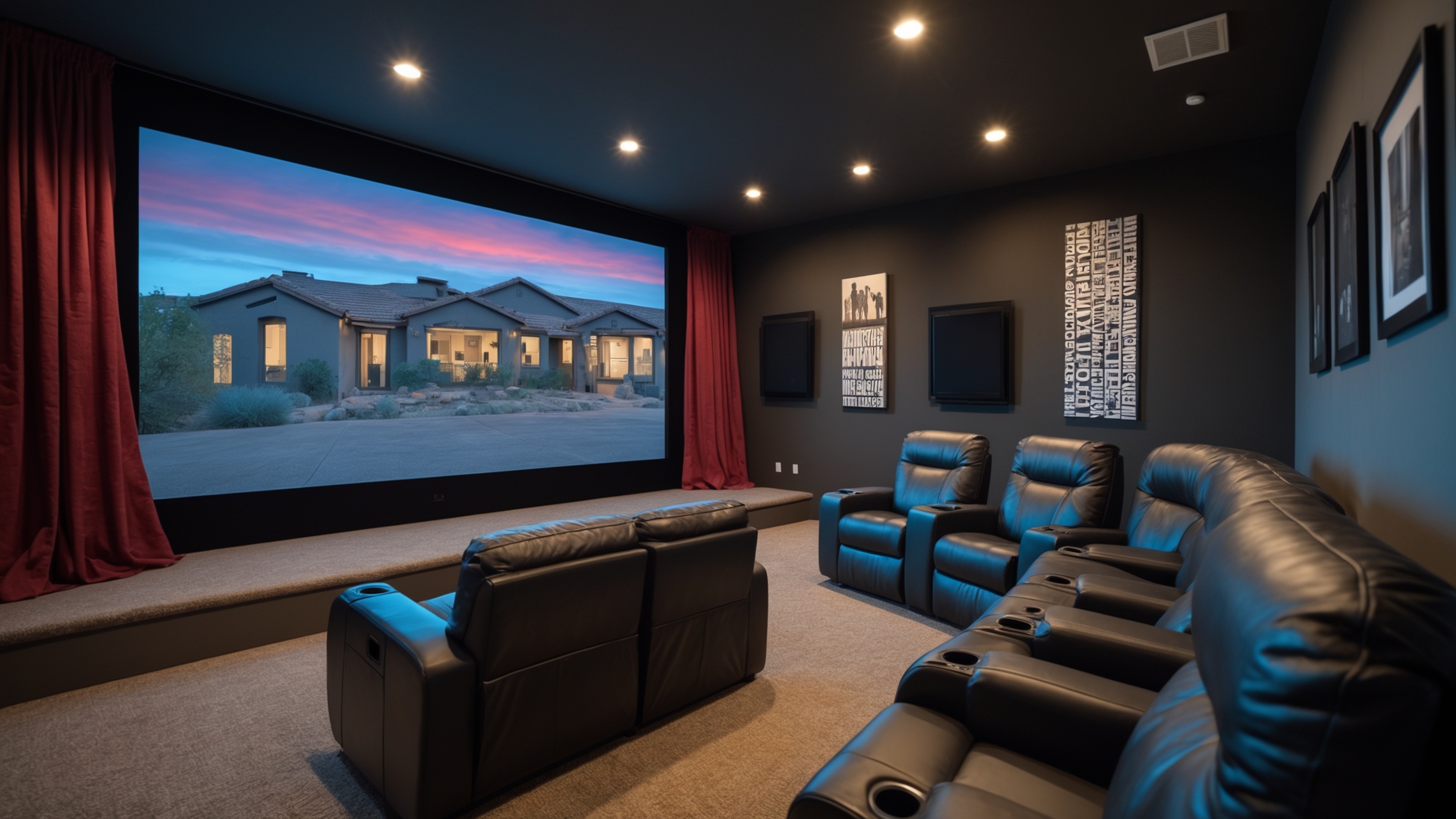 Modern home theater setup in Scottsdale basement with tiered seating and acoustic panels