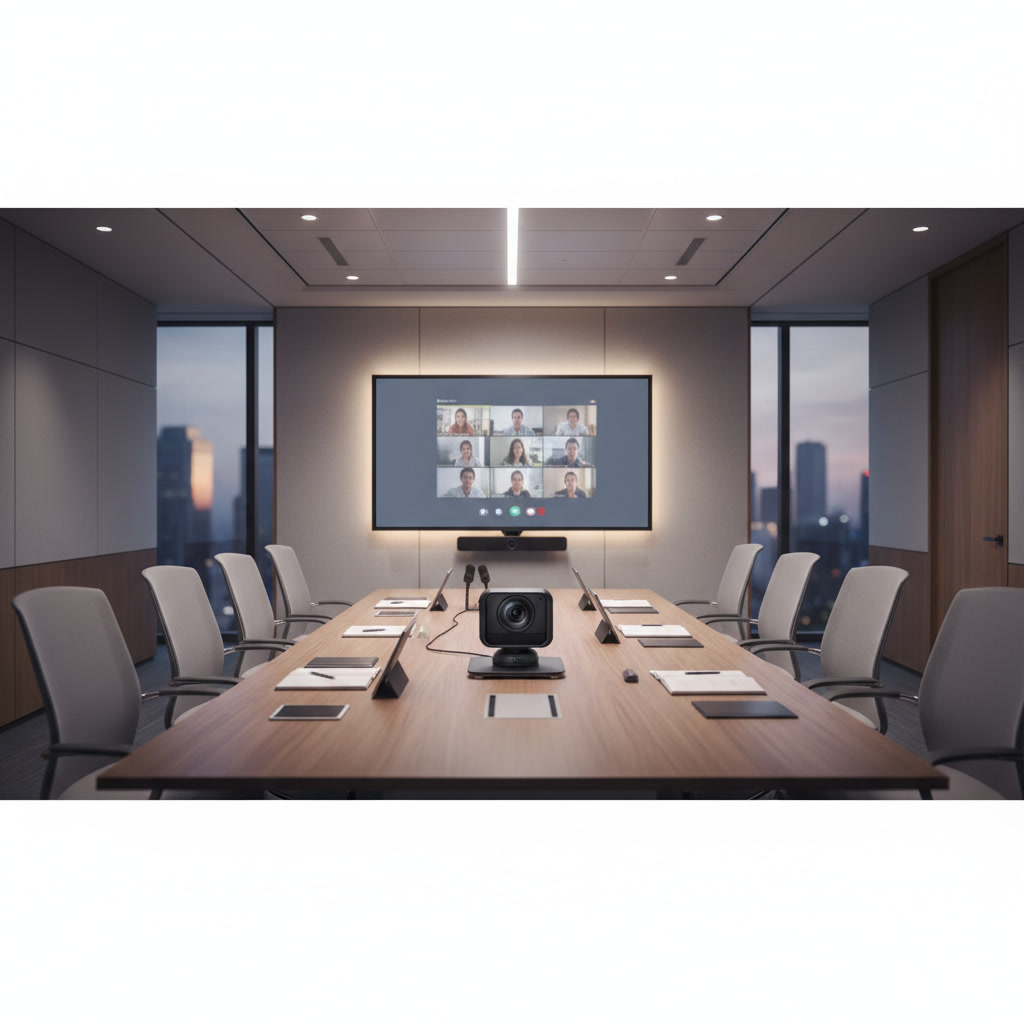 Small business conference room with video conferencing camera and display technology
