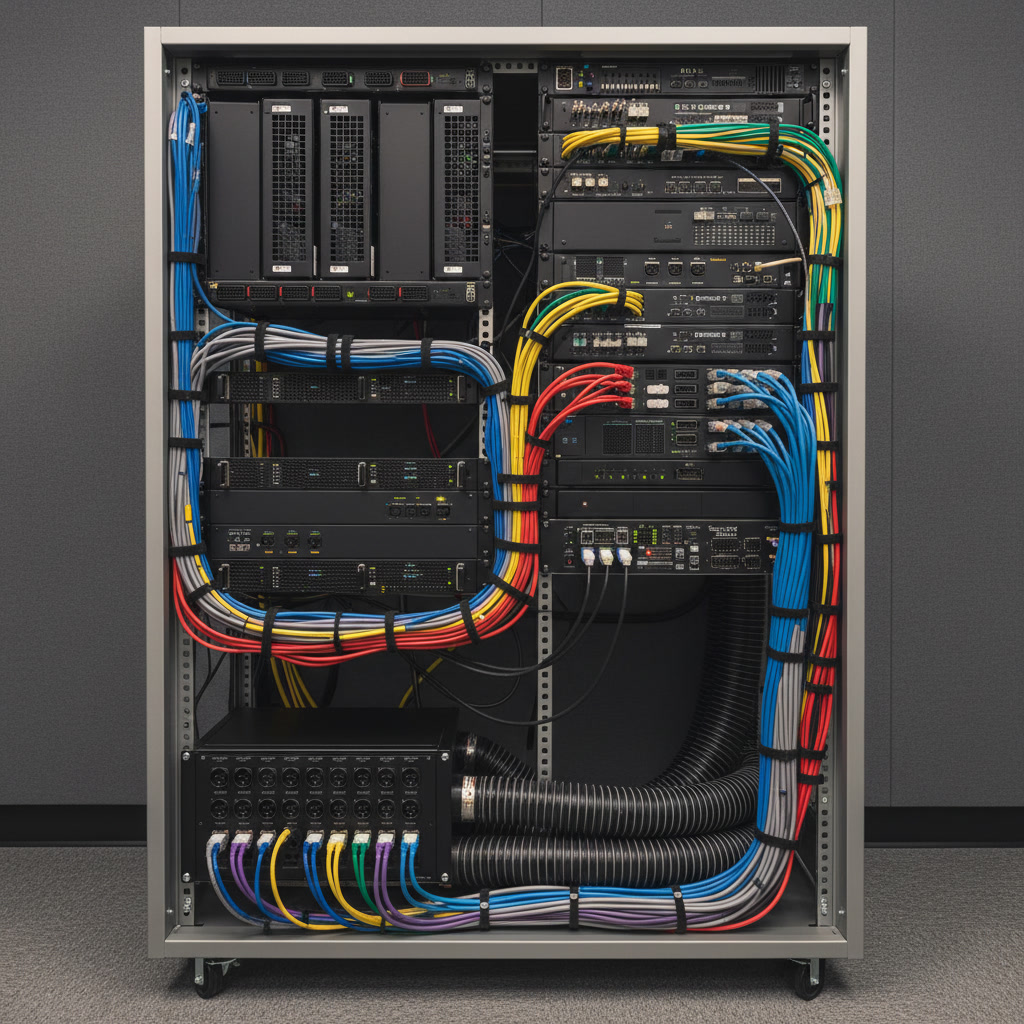 Conference room AV equipment with clean cable management and professional installation
