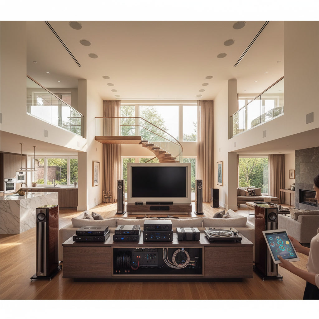Professional whole home audio system installation in multi story house showing in-ceiling speakers and control