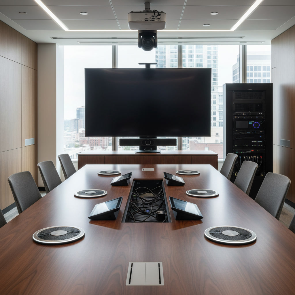 Modern small business conference room with professional AV equipment and display screen