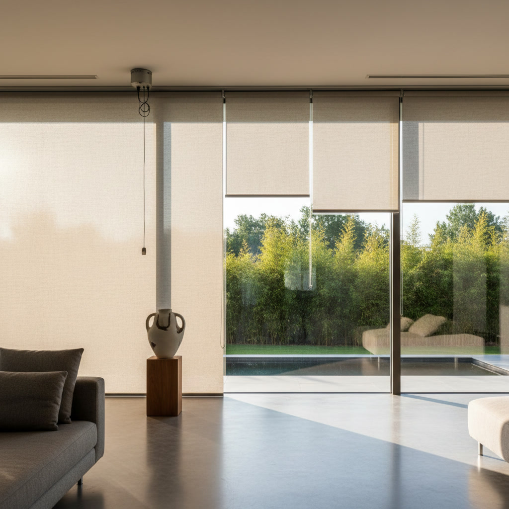 Motorized shades installed on large floor-to-ceiling windows in modern Arizona living room