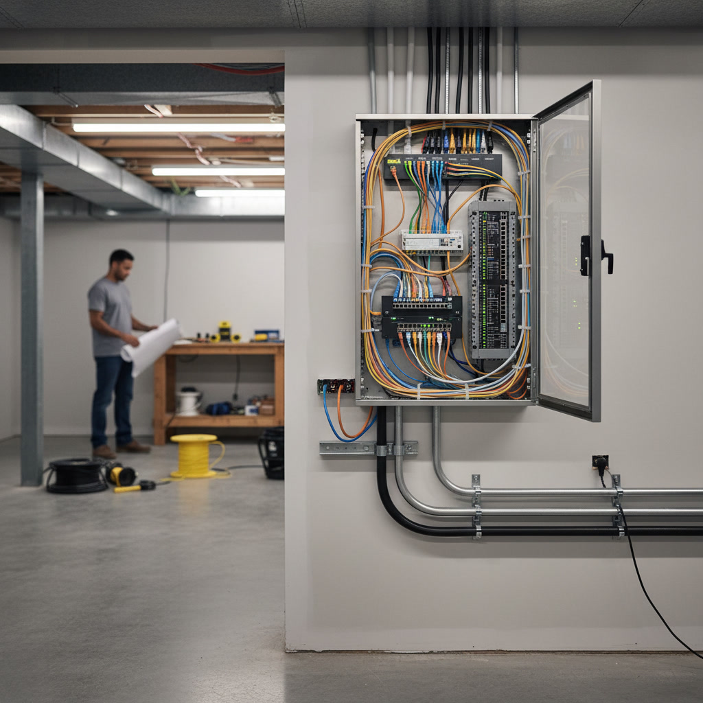 Structured wiring distribution panel with organized Cat 6 cables and coaxial connections