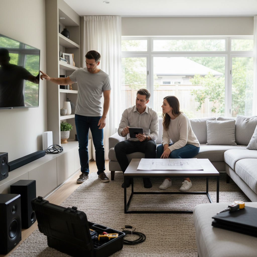 Professional technician measuring room dimensions during home entertainment consultation