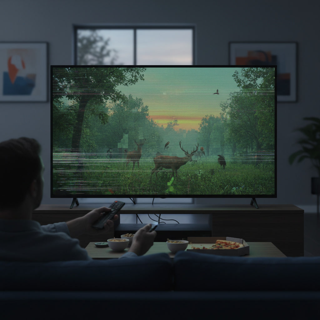 Outdated home theater display showing poor picture quality compared to modern 4K screen
