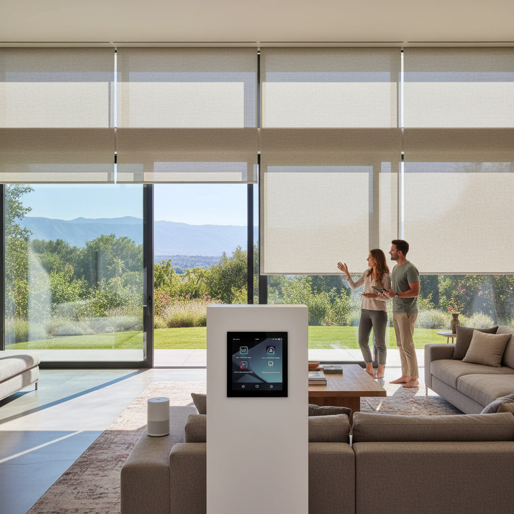 Smart home control panel managing motorized window shades for large sliding glass doors