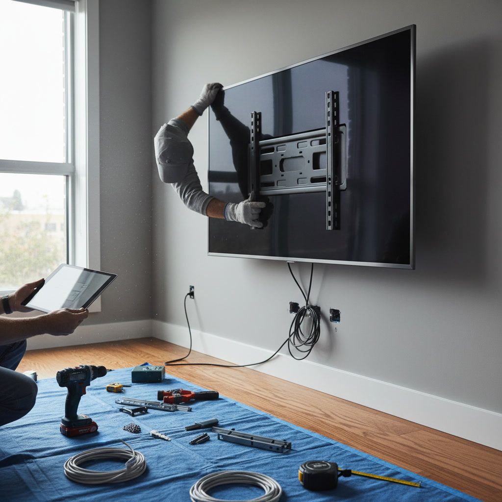 AV technician installing in-wall speakers and running cables for home theater system
