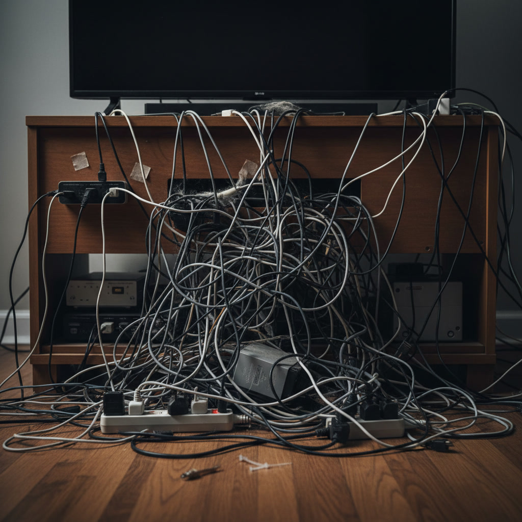 Clean professional cable management in modern home entertainment system installation