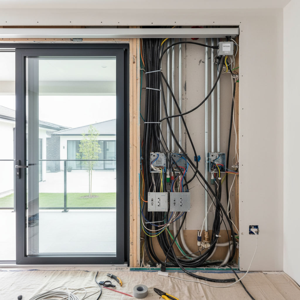Professional installing motorized shade motor on large sliding glass door in Arizona home