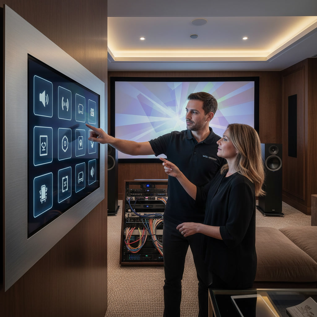 Installer demonstrating smart home control interface for entertainment system