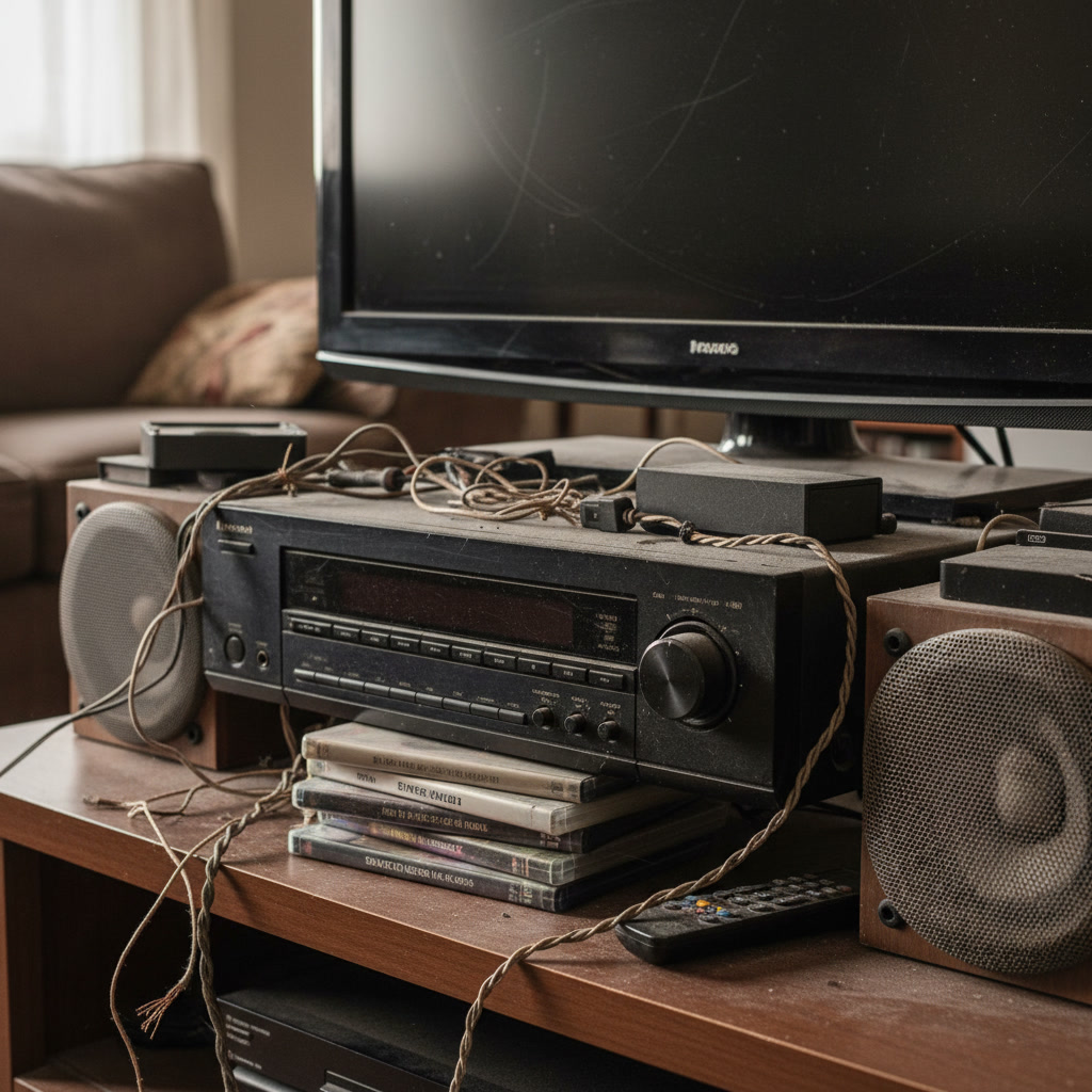 Professional AV technician installing new home theater equipment