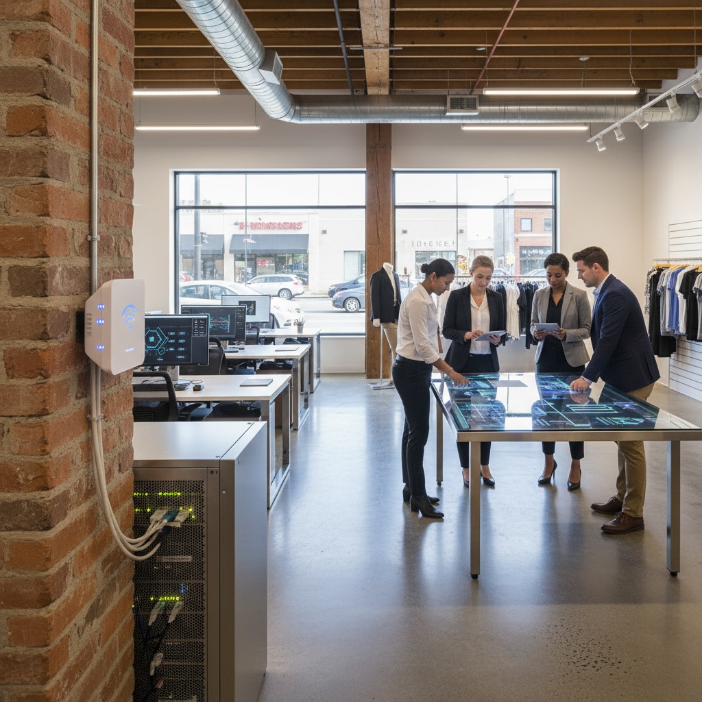 Modern Peoria retail store with customers using WiFi on mobile devices