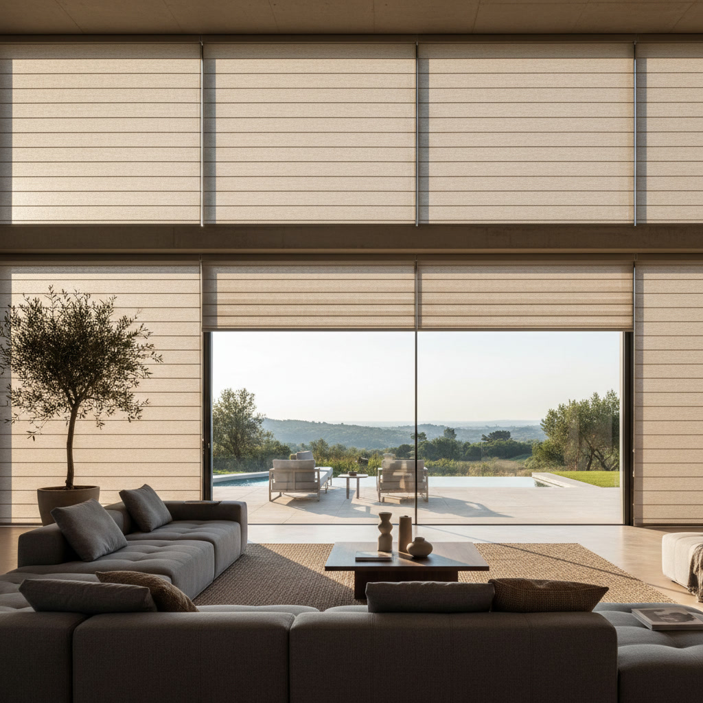 Large floor-to-ceiling windows with motorized shades in modern Arizona home