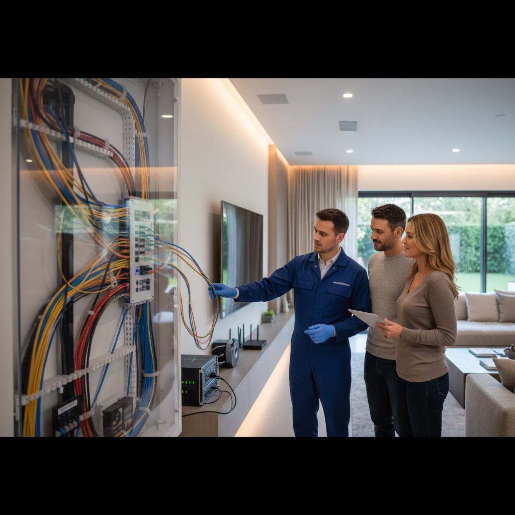 Modern smart home with structured wiring infrastructure showing connected devices throughout the house