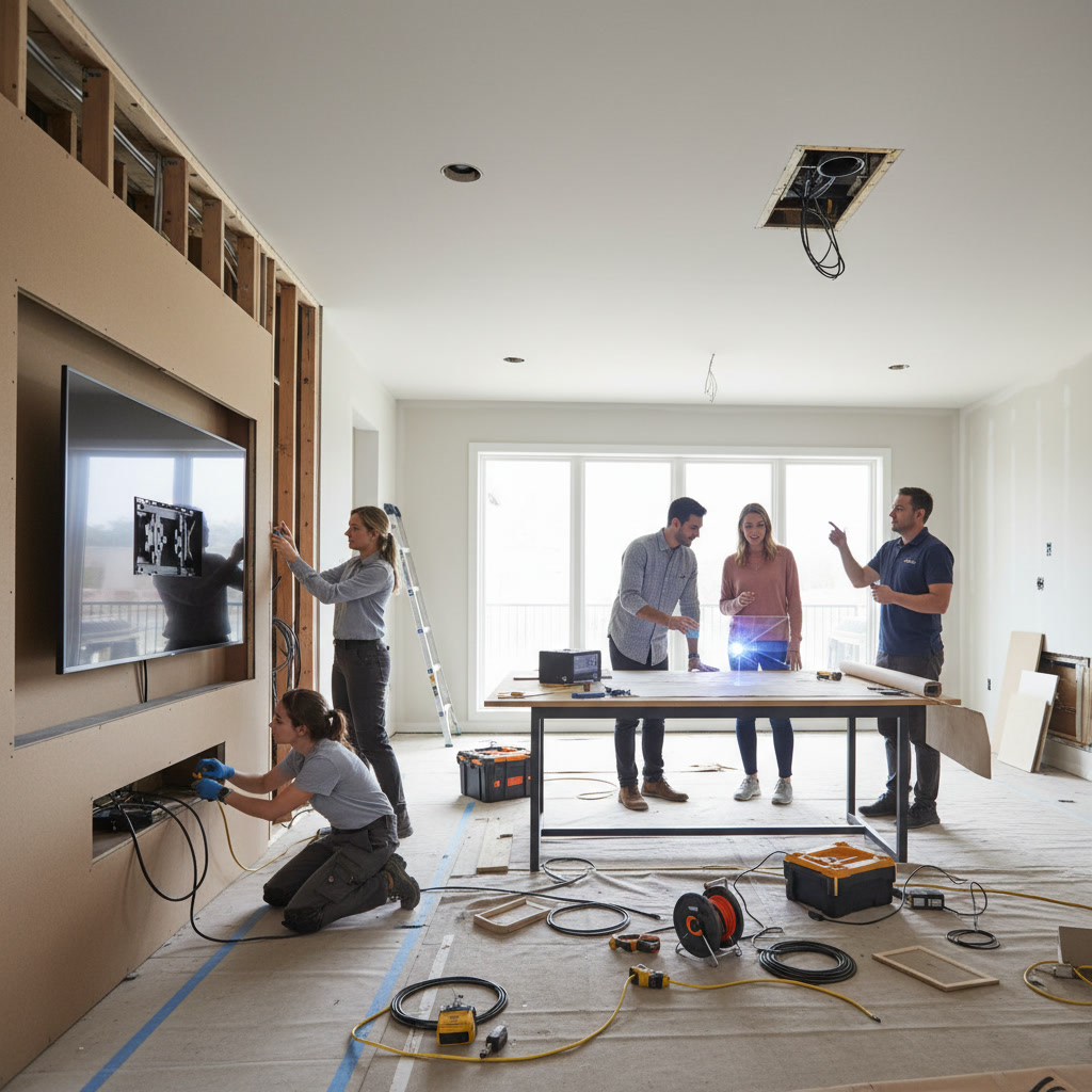Professional AV technician installing home entertainment system in modern living room