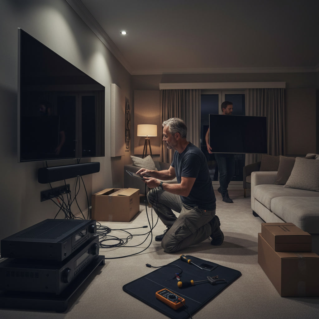 Modern home entertainment system with 4K TV and surround sound speakers in contemporary living room
