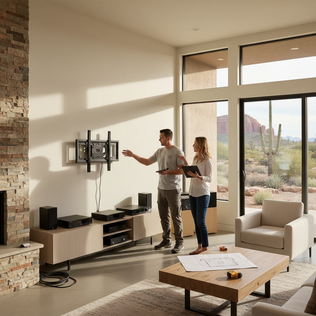 Professional home entertainment installer assessing living room layout and measurements