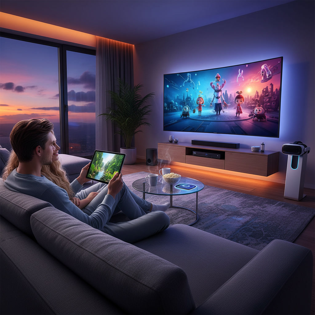 Modern living room with mounted flat screen TV and surround sound speakers