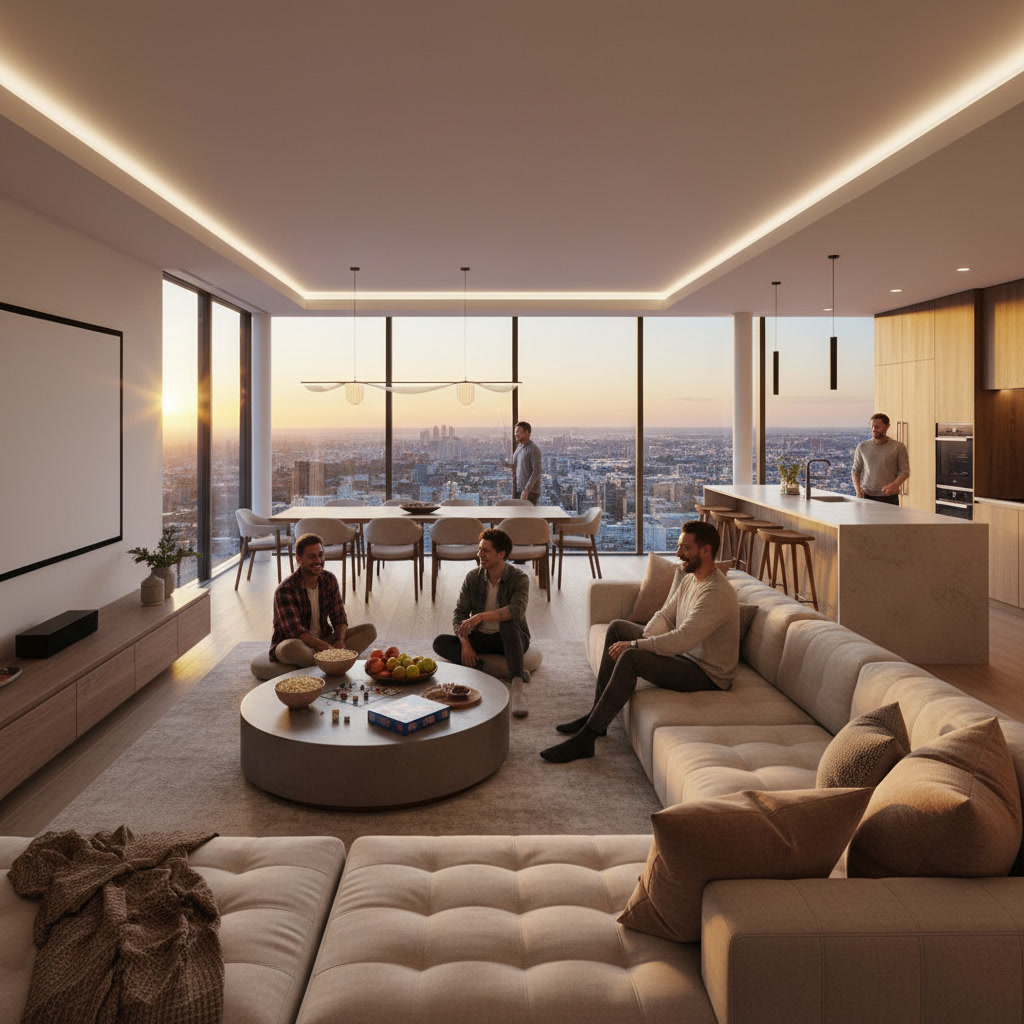 Open concept living room with wall-mounted TV and surround sound speakers