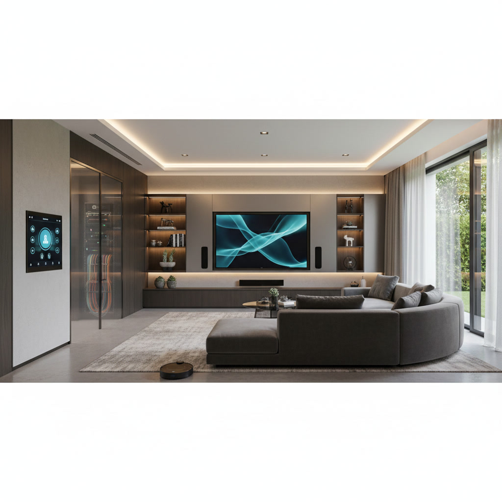 Smart home control panel showing integrated lighting, security, and entertainment systems