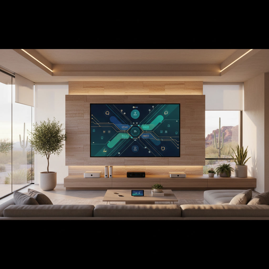 Home theater system with automated lighting and motorized window shades