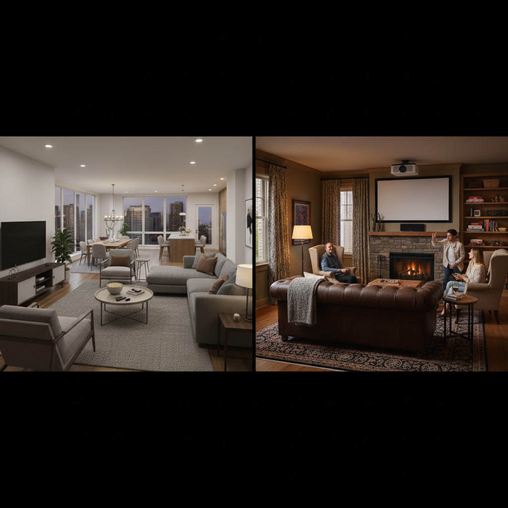 Dedicated home theater room with tiered seating and acoustic panels