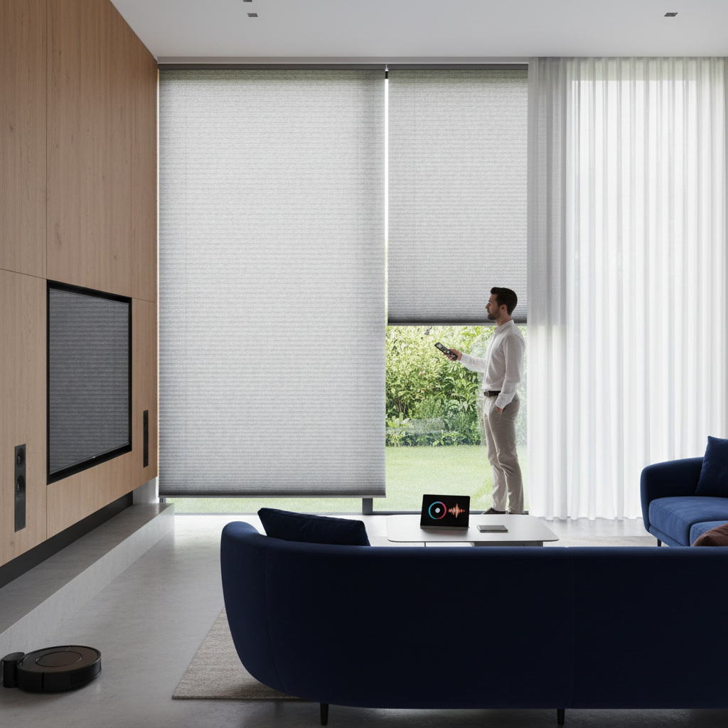 Motorized window shades with wireless control integration in modern living room