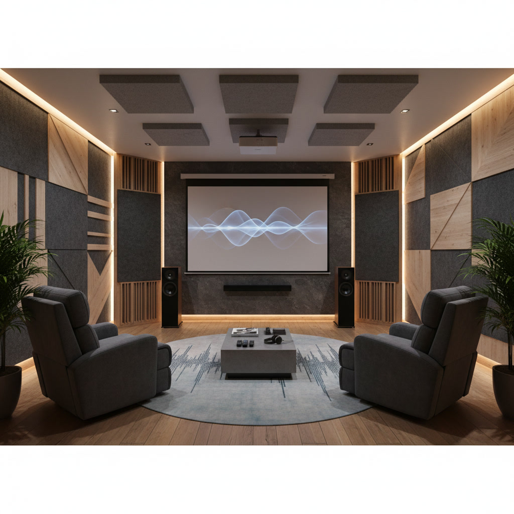 Professionally designed home entertainment system with acoustic panels and hidden wiring