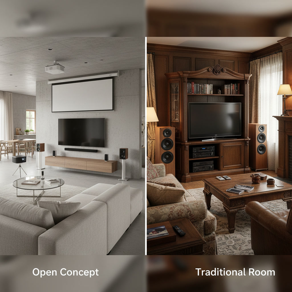 In-wall speakers integrated into open concept living room design