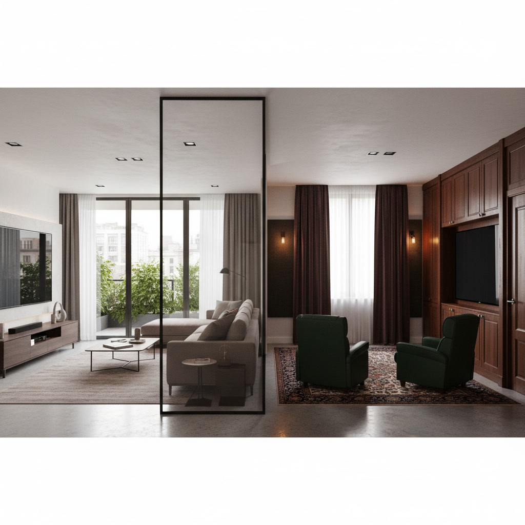 Modern living room showing open concept and traditional room entertainment layouts side by side