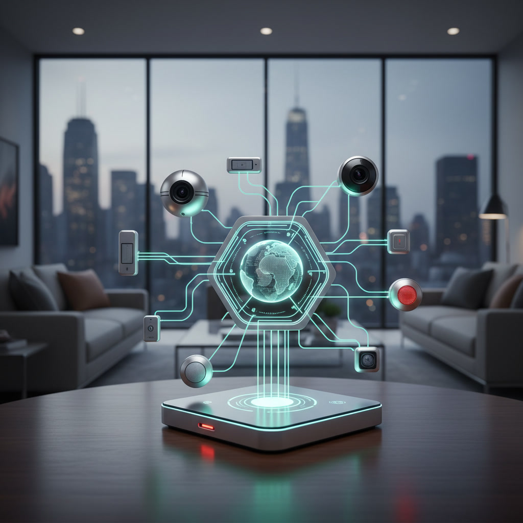 Smart home security hub connecting cameras sensors and alarms on single platform