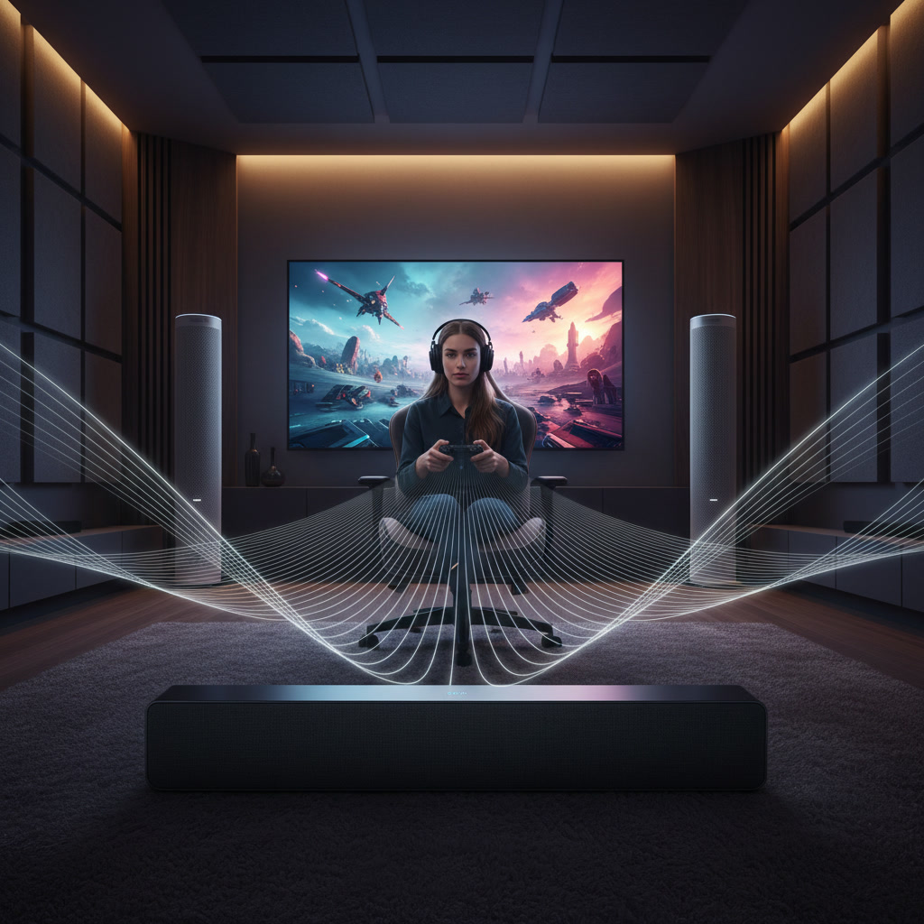soundbar mounted below gaming monitor with controller on desk