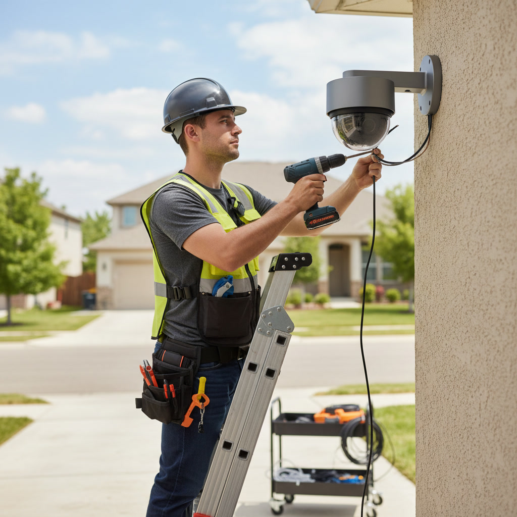 Security camera technician mounting outdoor surveillance camera at correct angle