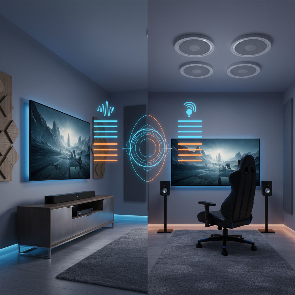 in-ceiling speakers installed in gaming room with recessed lighting