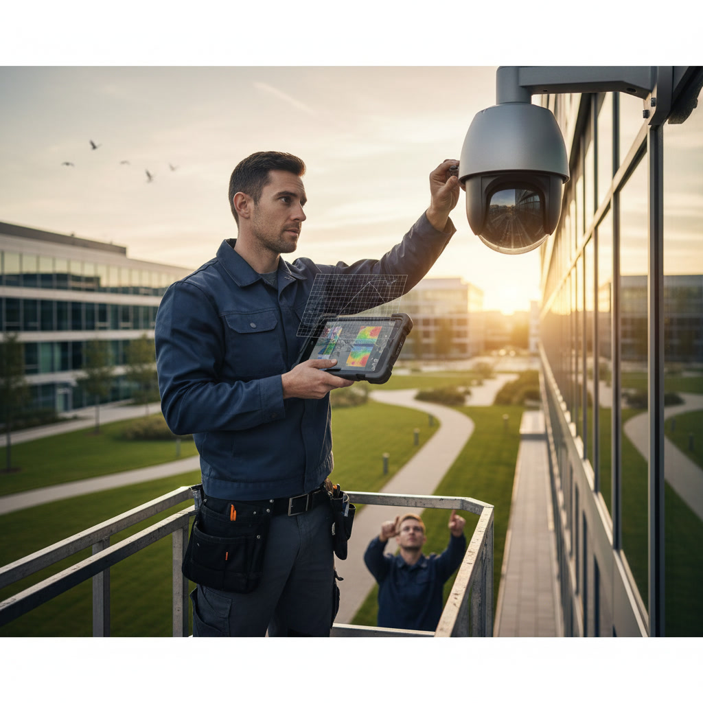 Technician testing security camera system on monitor showing multiple camera feeds